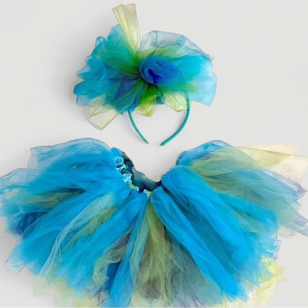 Handmade Peacock Costume Tulle Tutu Skirt and Fascinator – Girls Size 7 Dress-Up